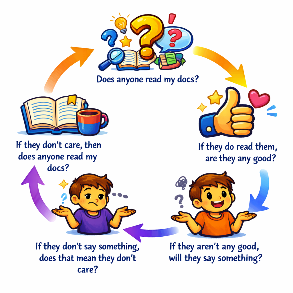 Does anyone read my docs?
If they do read them, are they any good?
If they aren't any good, will they say something?
If they don't say something, does that mean they don't care?
If they don't care, then does anyone read my docs?